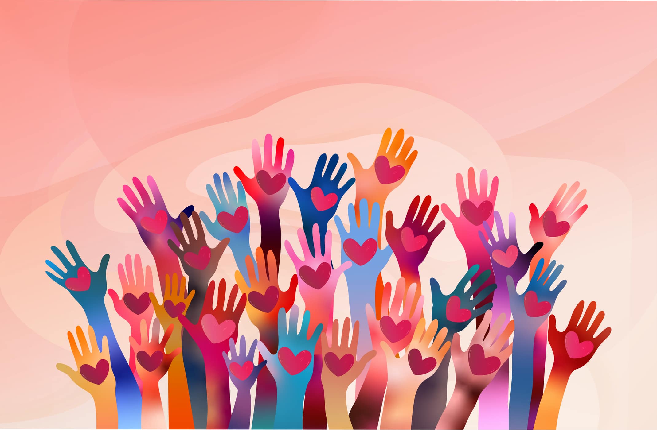 Raised Hands Of Volunteer People Holding A Heart. People Diversity. Charitable Donation. Support And Assistance. Multicultural Community. Ngo. Aid. Help. Volunteerism. Teamwork. Banner