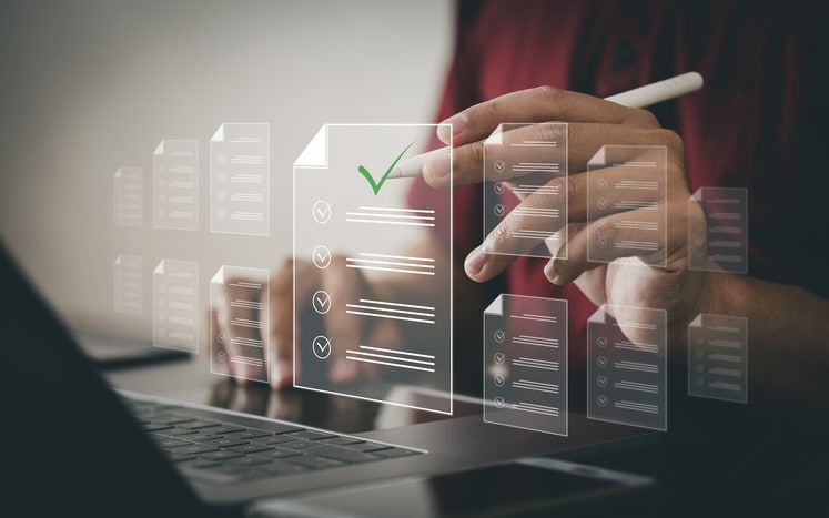 One Person Is Using A Computer. Digital Document Management Concept On Virtual Screen Automatic Document Allocation Process Paperless Document Management Integrating And Sharing Data In The Cloud